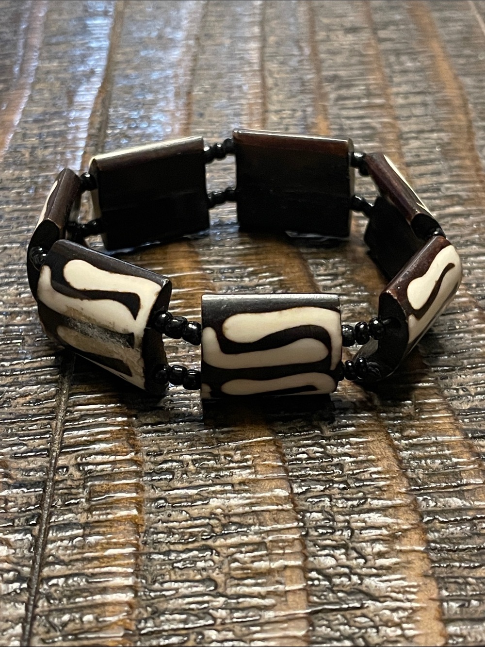 African- Bone Batik- Swirl -Maasai Stretch Bracelet- Cream & Black Beads- Kenya